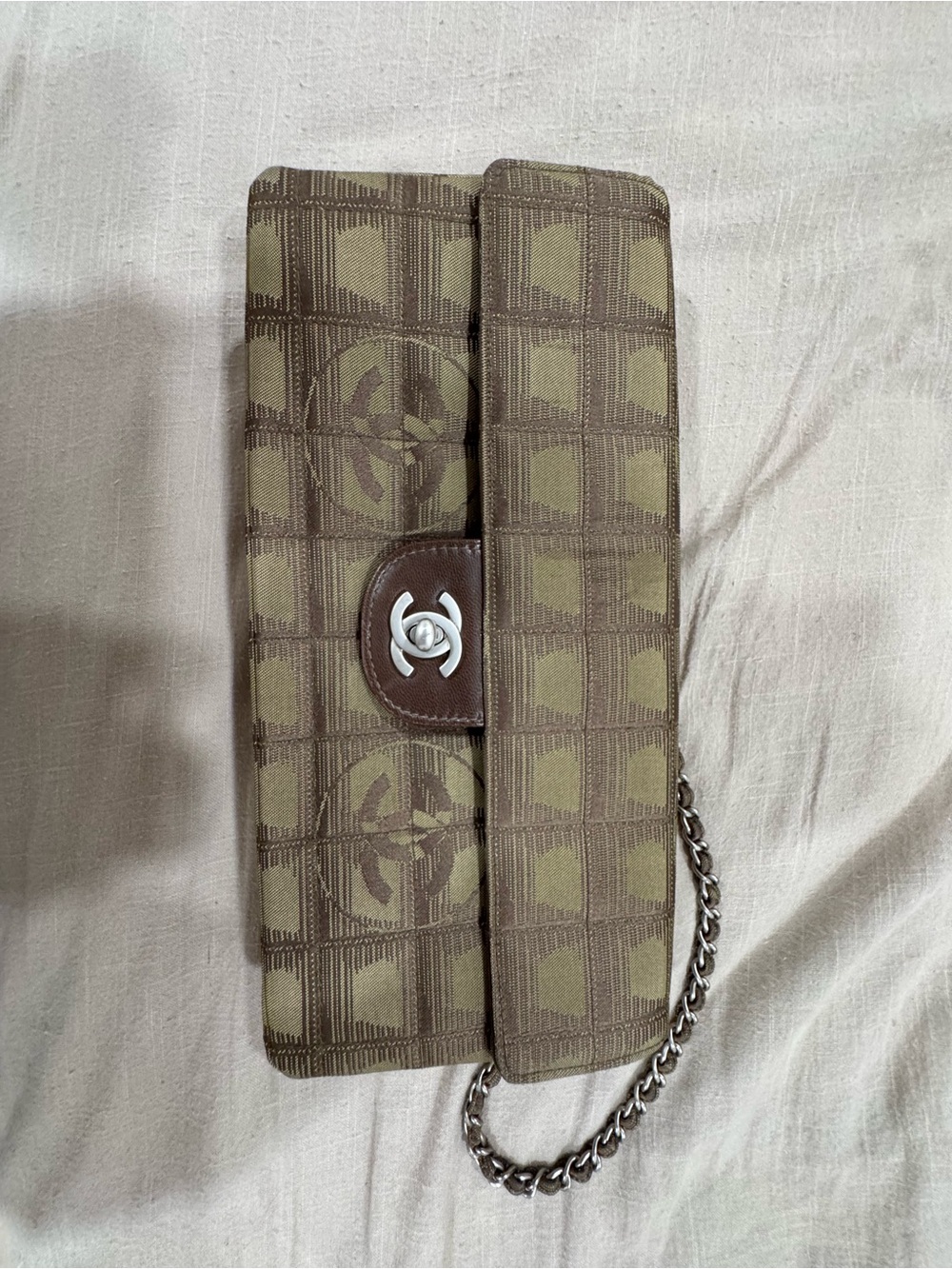 Chanel Logo-Embellished Brown Canvas Chain Shoulder Clutch